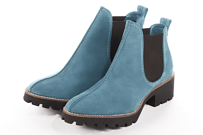 Women's sky blue and matt black elegant Chelsea ankle boots, with side elastics. Round toe. Thick rubber soles - Front view